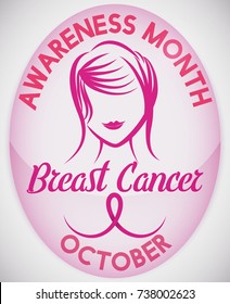 Poster with a shiny pink oval button with chic girl and stylized ribbon, for Breast Cancer celebration in October.