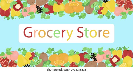 

Poster for shop with fresh vegetables and fruits, banner template for products, vector illustration in flat style.