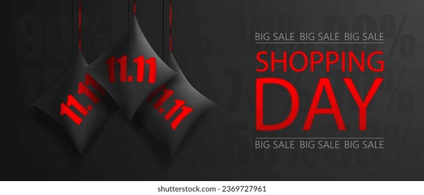 Poster Shopping day 11.11. Discounts Big sale. Decorative black pillows. On a black background. Vector