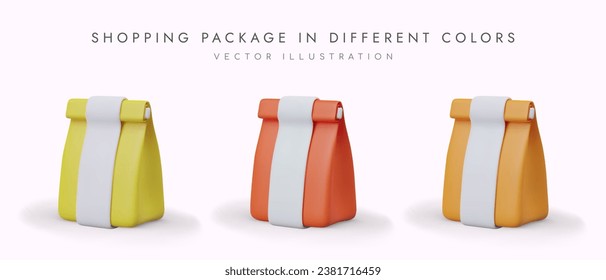 Poster with shopping package in different color. Concept of paper shopping bags for different products. Sale concept. Vector illustration in yellow, orange and red colors