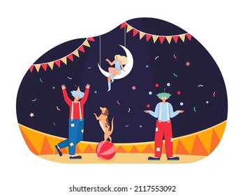 Poster Of Show With Clowns And Dog In Circus Arena. Wallpaper With Juggler Or Joker Character Flat Vector Illustration. Circus, Entertainment, Comedy Concept For Banner, Website Design Or Landing Page