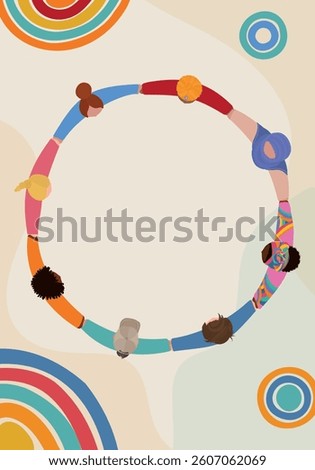 Poster showing a chain of multicultural people in a circle holding hands. Aerial view. Concept of unity, cooperation teamwork, community peace or environmental harmony