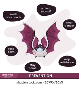 The poster shows a cute bat and precautionary measures during the quarantine. Ways to avoid infection including wash hands,stay home and keep a distance. Cartoon illustration. Pandemic Coronavirus