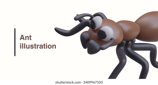 Poster with side view on realistic brown ant on white background. Placard with bug cartoon character and place for text. Vector illustration in 3d style