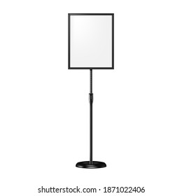 Poster sign stand. Floor standing display with round base isolated on white background. Realistic vector mockup. Adjustable pedestal with blank board, mock-up. Template for design.
