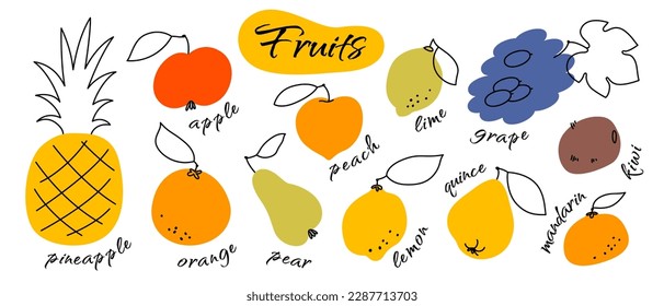 Poster with signed fruits. Vector illustration with pineapple, apple, pear, peach, lime, lemon, grape, kiwi, tangerine, orange, quince