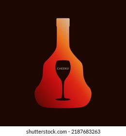 Poster with a silhouette of a bottle of French premium cognac and a glass of cognac. Flat Art Vector Illustration