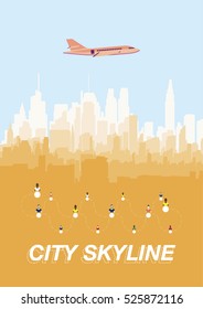 Poster silhouette city. Flight of the plane in the sky Over The City. Flat vector illustration.