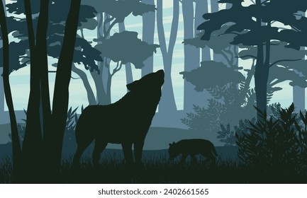 Poster with a silhouette of a gray wolf in the forest. Realistic vector modern landscape