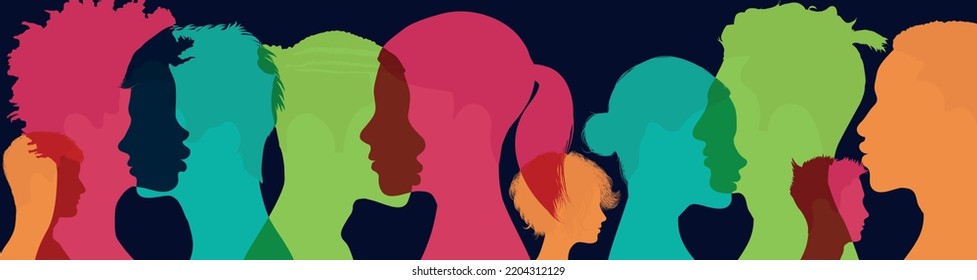 Poster silhouette profile group of men and women of diverse cultures. Diversity multicultural people. Concept of racial equality and anti-racism. Multiethnic community. Friendship. Allyship