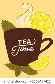 Poster with silhouette tea, teacup, lemon, mint. For poster, card, banner, discount, special offer. Vector illustration EPS10 
