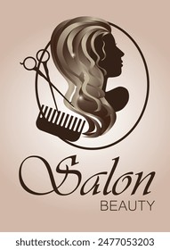 Poster with a silhouette of a woman, scissors and a comb. Vector illustration