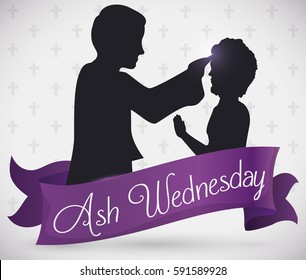 Poster With Silhouettes Of Priest Giving The Ash Cross To An Parishioner Behind Purple Ribbon In Ash Wednesday Celebration.