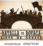 Poster with silhouettes representing the historic events in the Colombian independence history: the Battle in the Boyaca Bridge (written in Spanish).