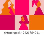 Poster with silhouettes of women and square empty spaces for text. Horizontal Banner with girls in pink colors for Womens Day celebration. Vector background for Empowerment of females. 