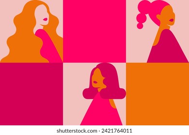 Afiche con siluetas de mujeres y espacios cuadrados vacíos para texto. Pancarta horizontal con chicas de colores rosados para la celebración del Día de la Mujer. Antecedentes vectoriales para el empoderamiento de las mujeres. 