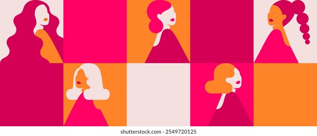 Poster with silhouettes of women and square empty spaces for text. Horizontal Banner with girls in pink colors for Womens Day celebration. Vector background for Empowerment of females.