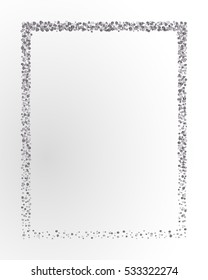 Poster with silver confetti, sparkles, glitter frame and space for text on white background. Vector illustration. Elements for banner, design, logo, card, web, invitation, business, party.