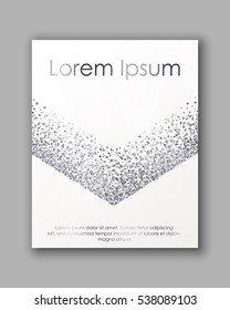Poster with silver confetti, sparkles, glitter and space for text on white background. Vector illustration. Elements for banner, design, logo, card, web, invitation, business, party.