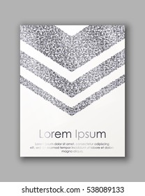 Poster with silver confetti, sparkles, glitter and space for text on white background. Vector illustration. Elements for banner, design, logo, card, web, invitation, business, party.