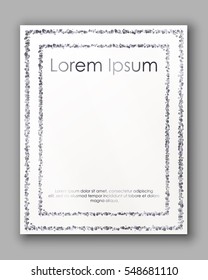 Poster with silver confetti, sparkles, glitter frame and space for text on white background. Vector illustration. Elements for banner, design, logo, card, web, invitation, business, party.