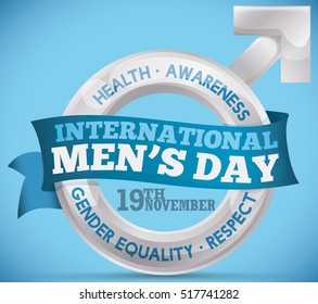 Poster with silver male's symbol with greeting blue ribbon around it for International Men's Day with some precepts to commemorate this date.
