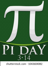 Poster with silver pi symbol over green background and dotted pattern for Pi Day celebration in March 14.
