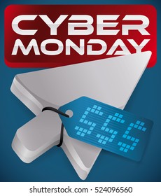 Poster with a silver pointer with tag like electronic screen with money symbols pushing red button for Cyber Monday offers.