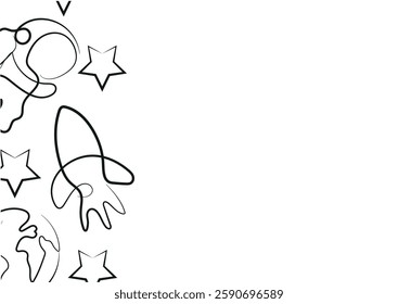poster with simple icons on the theme of space in the style of line art drawn with an original outline, for logos and various designs