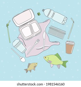 Poster of single-use plastics float in the water with fish. Prevention of plastic water pollution banner. Microplastic concept. Hand drawn vector illustration.