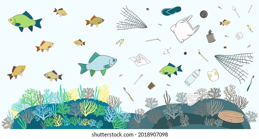 Poster of single-use plastics float in the water with fish. Prevention of plastic water pollution banner. Microplastic concept. Hand drawn vector illustration.