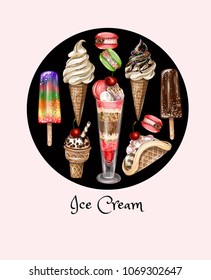 Poster for site or print with different types of ice cream.Vector illustration.