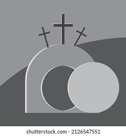 Poster sketch with Easter cave and crosses. Easter background. Empty cave and crosses. Vector illustration. stock image. 