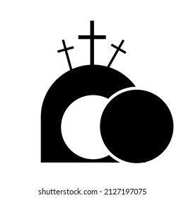Poster sketch with Easter cave and crosses. Easter background. Empty cave and crosses. Vector illustration. stock image. 