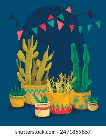 Poster with sketch style cacti and succulents in pots and decorative flags, can be used for birthday party, vector illustration