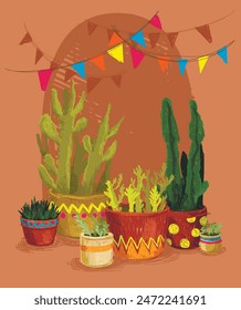 Poster with sketch style cacti and succulents in pots and decorative flags, can be used for birthday party, vector illustration