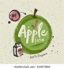 Poster with Sketched green apple fruit. lettering Apple farm