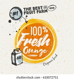 Afiche con fruta anaranjada esbozada. Grabado Fresh Orange