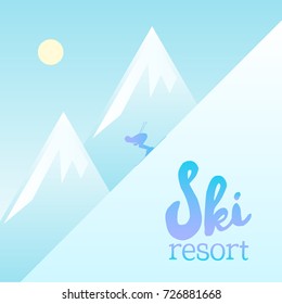 Poster of Ski resort. Picture showing a man skiing down the mountain hill. Lovely winter view.