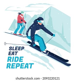 A poster with skiers and a mountain winter landscape. Extreme sports. Active lifestyle. Flat vector illustration.
