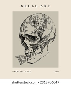 Poster skull with flowers in vintage style