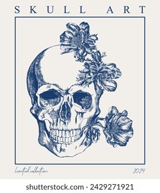 Poster skull with flowers in vintage style