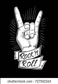 Rock’n’rolll poster with skull, rose, guitar. Hand drawn illustration converted to vector