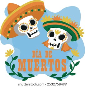 poster of skulls with hats day of the dead, mexican tradition
