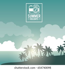 poster sky landscape of palm trees on the beach with logo summer holidays with camera