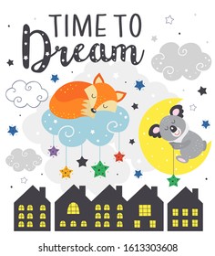 poster with a sleeping fox and koala - vector illustration, eps    