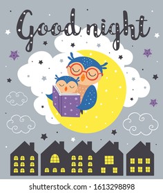 poster with a sleeping owls mother and baby - vector illustration, eps    
