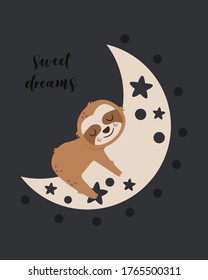 poster with sleeping sloth and moon - vector illustration, eps