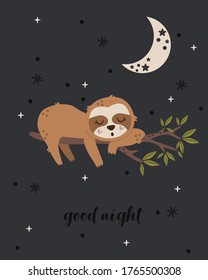 poster with sleeping sloth on a tree - vector illustration, eps