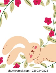 Poster with sleepy bunny and  spring flowers . Vector flat illustration. Holiday banner, flyer or greeting voucher, brochure design template layout. Place for text.